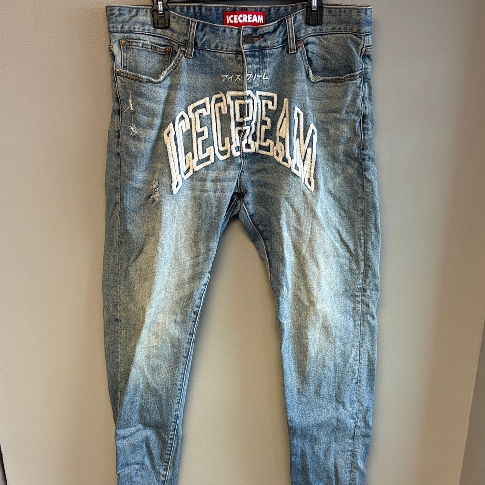 ICECREAM Icefall Logo Appliqué Distressed Jeans Sz 38